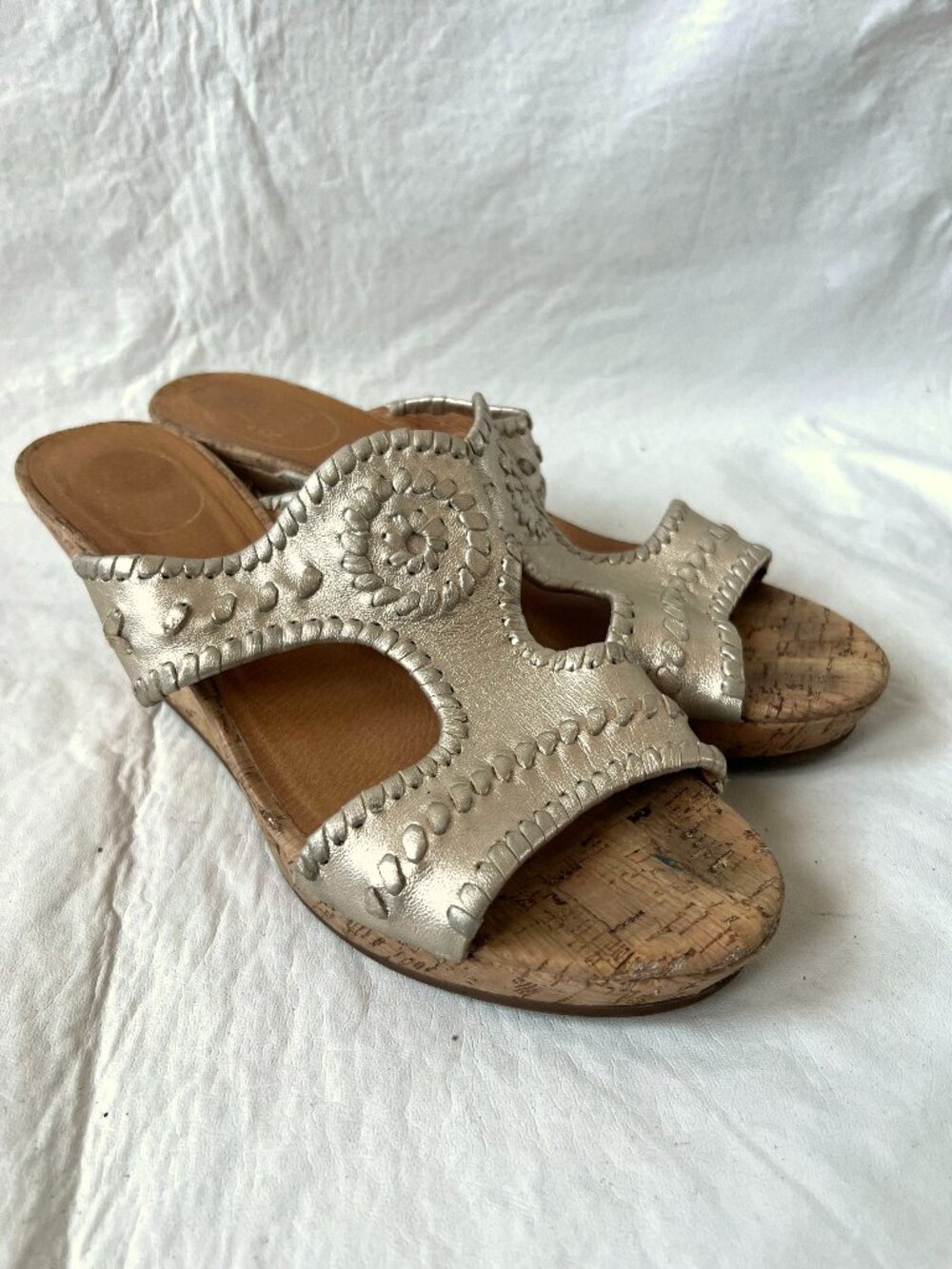Jack Rogers sandals womens 9 Lauren Mid Wedge cork gold leather whipstitch heels